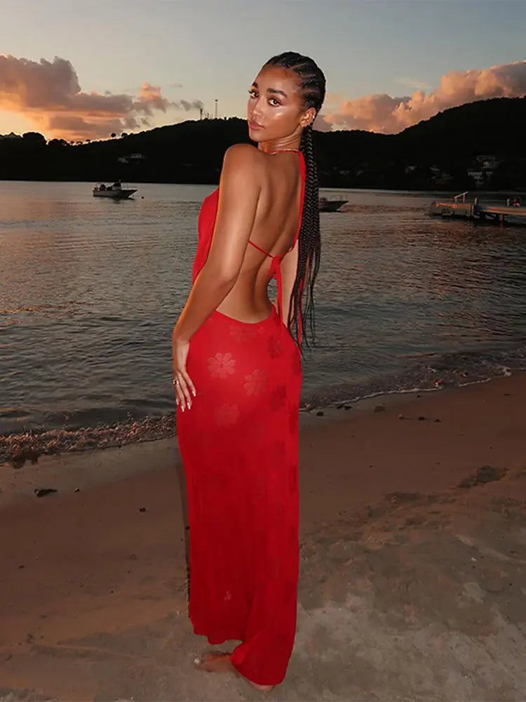 Sexy Hanging Neck Hollow Out Red Maxi Dress Sexy Off Shoulder Backless Slim Dresses 2024 Summer Street Nightclub Partywears